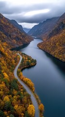 A breathtaking aerial perspective showcases a tranquil lake amidst vibrant autumn trees, highlighting the beauty of the Swedish wilderness