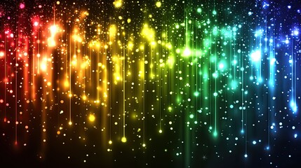 Vibrant rainbow sparkles falling on dark background.