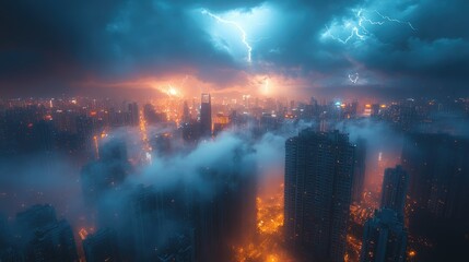 Obraz premium Dramatic cityscape illuminated by lightning amidst stormy clouds and urban fog.