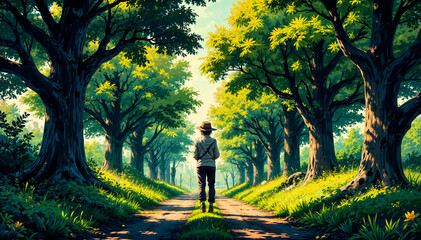 Fototapeta premium a lone man walking down a tree-lined path under a clear blue sky.