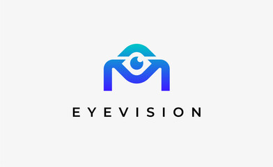 Logo Letter M and Eye Vision. Digital, visual with modern and minimalist concept. Editable file.
