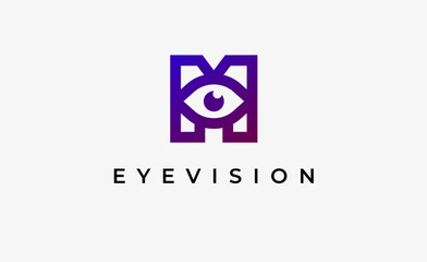 Logo Letter M and Eye Vision. Digital, visual with modern and minimalist concept. Editable file.