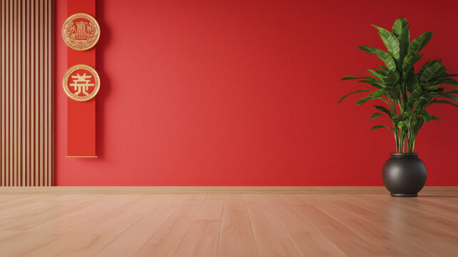 Background of Business Chinese New Year Theme, Bright red wall with Chinese symbols and green plant in pot