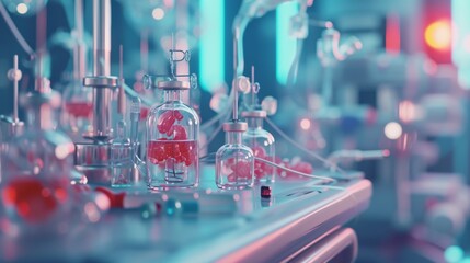 Fototapeta premium A futuristic 3D render of a medical lab with vials, tubes, and colorful pills, creating a high-tech atmosphere perfect for healthcare or science themes. AI generated.