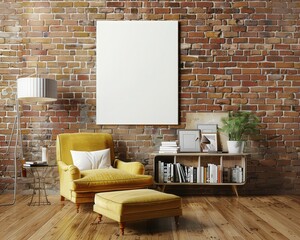 A yellow armchair in a modern living room with a blank canvas poster on the wall