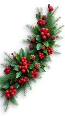 A festive holiday wreath made of evergreen branches, holly leaves, and pinecones, evergreen branches, cozy atmosphere, pinecones, rustic wooden frame