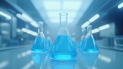 Blue liquid in Erlenmeyer flasks on a lab bench in a modern laboratory.