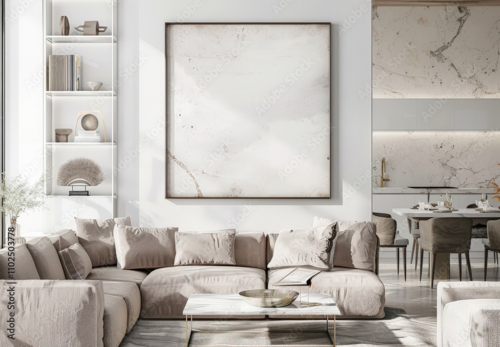 Wall mural Modern living room interior with a large blank canvas mockup. beige sofa. marble coffee table. and a glimpse of a dining area