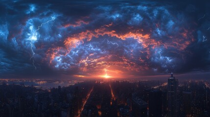 Fototapeta premium Dramatic sunset over a cityscape with vibrant clouds and lightning effects.