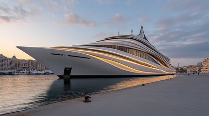 Luxury yacht rests at the port, showcasing exquisite design under the warm glow of sunset