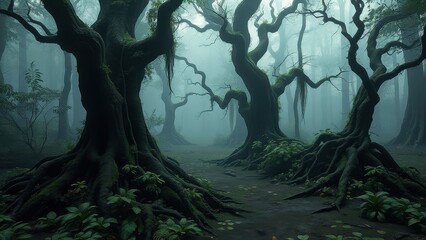 Muddy forest floor with overgrown vegetation and gnarled tree trunks, forest, overgrowth