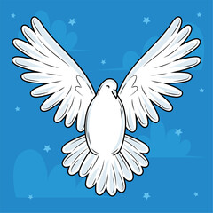 Flying white dove on blue sky background, Vector