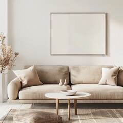 A modern living room with a comfortable couch. coffee table. and a large framed canvas. with a natural light from the window