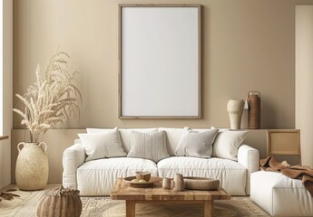 Modern living room interior with a white sofa. a large wooden coffee table. and a large blank poster on the wall