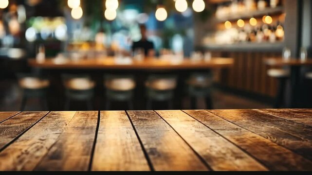 Wooden table transition in cozy cafe ambiance with blurred lights