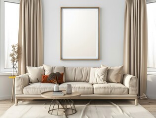 Minimalist living room interior with a white sofa. coffee table. rug. and a large blank canvas