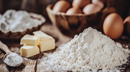 Fototapeta premium Baking ingredients on a wooden table: flour, eggs, and butter, rustic setting, soft lighting, cozy and warm atmosphere