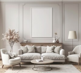 A minimalist living room with a white couch. a white armchair. a wooden coffee table. a lamp. a large painting. and a vase of dried flowers