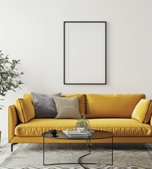 Modern living room interior with yellow sofa. black coffee table. two framed posters. and pendant lamp