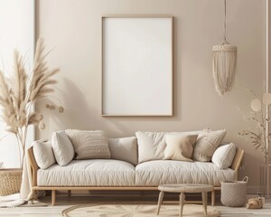Minimalist living room interior with two empty frames above a white sofa. a throw blanket. and a vase of dried pampas grass