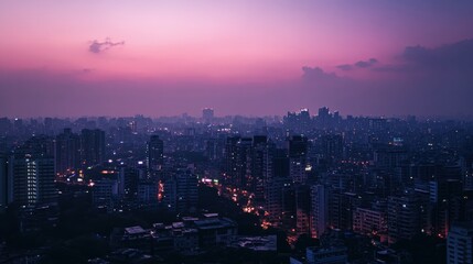 Obraz premium Cityscape with digital network lines at dusk, connected city concept, dark background,