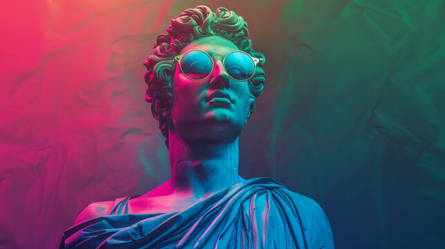 Marble statue of david or adonis, neon colors