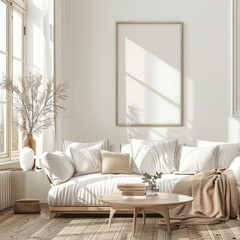Minimalist living room interior with a white sofa. a wooden floor. and a large blank canvas on the wall