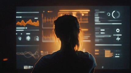Person engaging with progress charts and icons on a dark background with studio lighting
