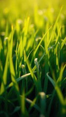 Obraz premium Close-up of fresh spring green grass blades swaying gently in the breeze , close-up, springtime