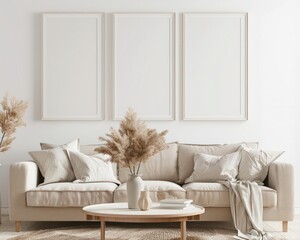 Minimalist living room interior with a white sofa. a bamboo coffee table. and three framed prints on the wall