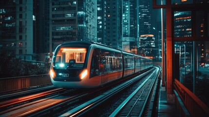 Fototapeta premium Futuristic street car train riding on the track in downtown at night. City of future urban concept