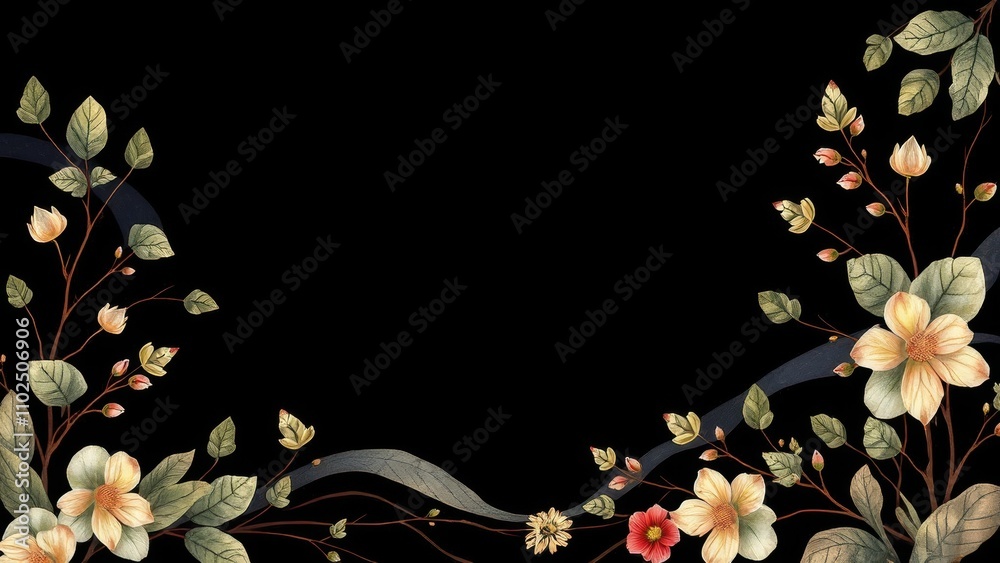 Wall mural Nature-inspired collection of banners and ribbons on a black background, natural, nature, wooden accents