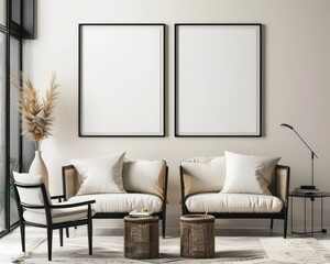 Minimalist living room interior with two black framed posters. a grey sofa with pillows and a throw blanket. two coffee tables. a vase with pampas grass. and a rug on the floor