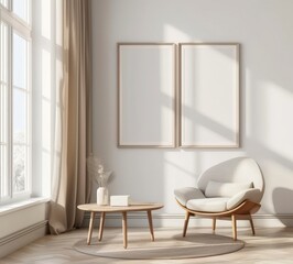 Minimalist living room interior with two blank frames. a round coffee table. a plush armchair. and a vase of dried flowers