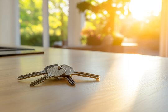 Keys on a kitchen counter in a bright modern living space symbolizing homeownership and comfort