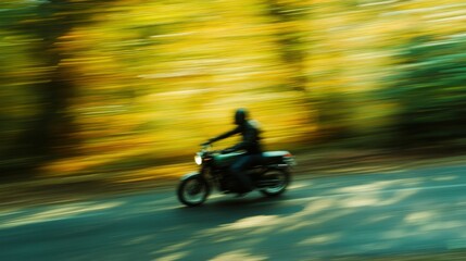 Fototapeta premium Motorcyclist speeding down a road, motion blur effect, outdoor daylight,