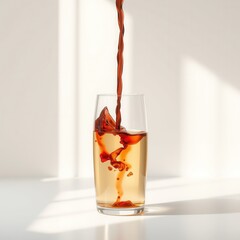 A splash of red wine falling into a container filled with white wine, tableware damage, kitchen accident, beverage pouring accident