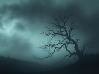 Dense fog rolling in over a dark landscape, obscuring all but the faint outline of twisted tree branches, dark environment, mystery, forest