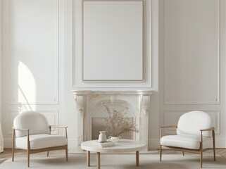 Minimalist living room with a fireplace. two armchairs. a coffee table. and a blank canvas