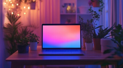 Laptop on a wooden desk with plants around, vibrant screen colors, warm ambient lighting in a cozy room,