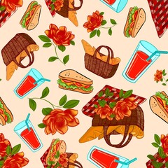 Seamless repeating pattern picnic with basket, bread, sandwiches, juice, flowers and plaid.