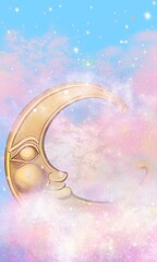 Stylized golden moon among pink glowing clouds in blue sky. Storybook, background, invitation card, and wallpaper perfect idea.