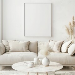 A minimalist living room with a white sofa. pampas grass. and a large framed print on a white wall