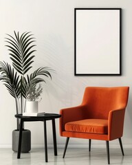 A modern living room interior with a comfortable orange armchair. a black side table. a white vase with dried flowers. a black frame. and a floor lamp on a white wall