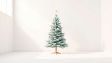 A delicate, hand-drawn Christmas tree stands in a minimalist space, surrounded by soft pastel colors, gentle, Christmas tree
