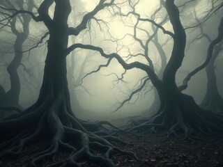 Naklejka premium A dense fog bank obscures all but the outline of twisted tree roots, creating an eerie and foreboding forest floor, eerie silence, fog, ancient woods