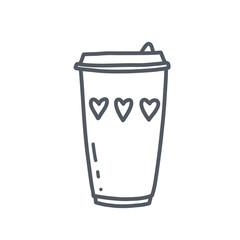 Black and white outline drawing of take away coffee cup in simple linear style. Flat vector monochrome illustration isolated on white background.