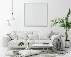 Minimalist living room interior with white sofa. wooden coffee table. and a blank canvas mockup