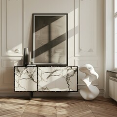 Empty frame leaning against the wall in a minimalistic living room with sunlight streaming in through the window. wooden floor. a white marble table with a black sculpture and beige curtains