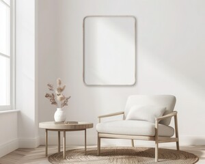 A minimalistic living room interior with a black framed poster hanging above a wooden chair. a small table. a plant in a pot. and a rug on a white wood floor